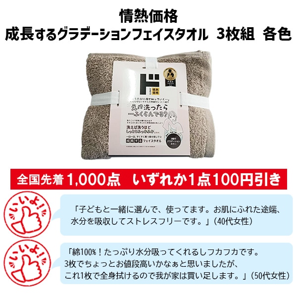 情熱価格成長するグラデーションフェイスタオル3枚組 各色